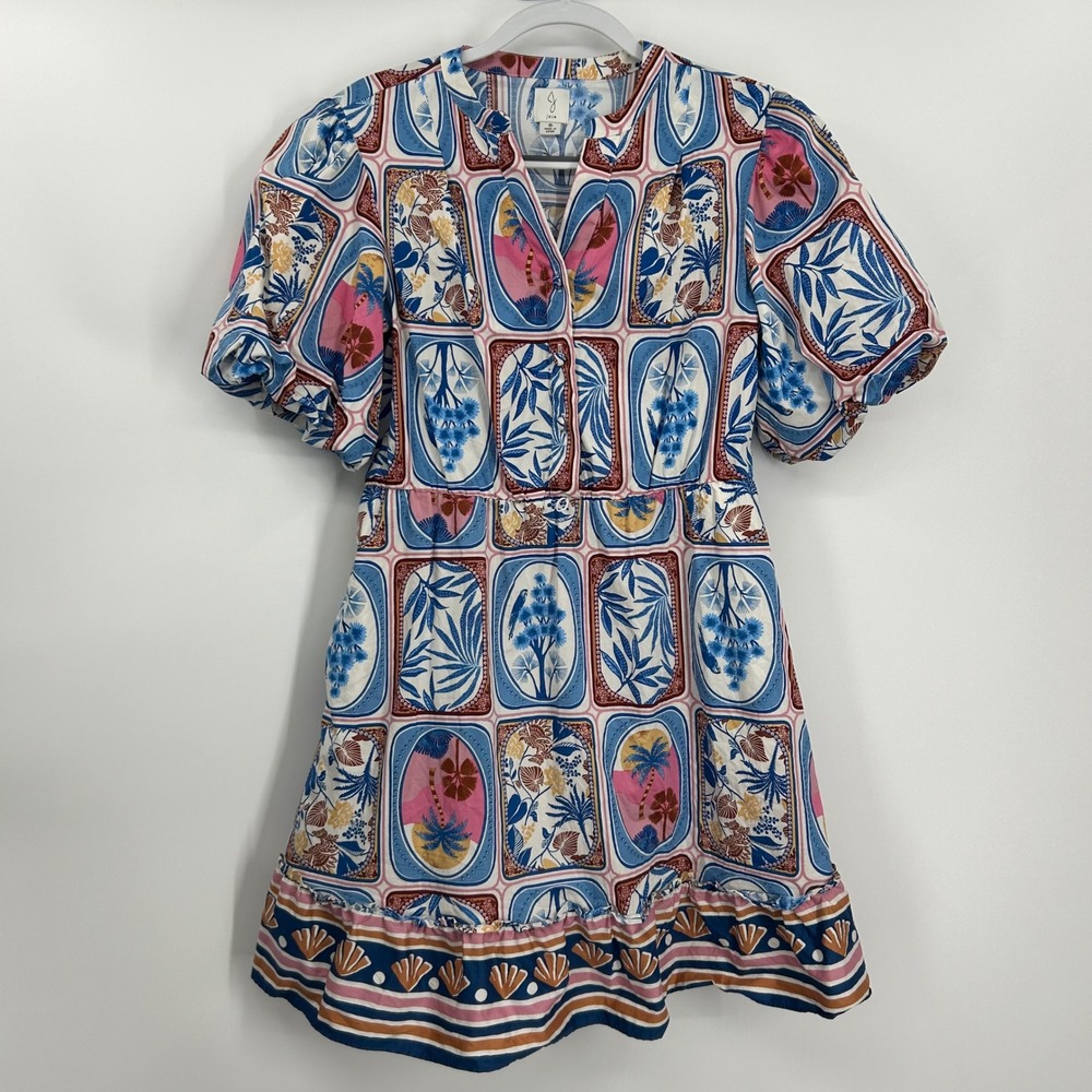 Joie Womens 8 Tropical Medallion Print Cotton Mini Dress Blue Pink Short Sleeve